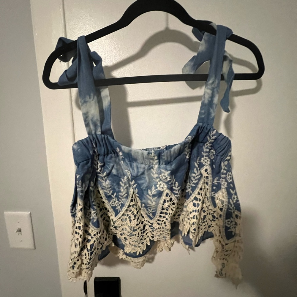 Show Me Your MuMu Chambray Crochet Lace Tie Strap Crop Top Tank